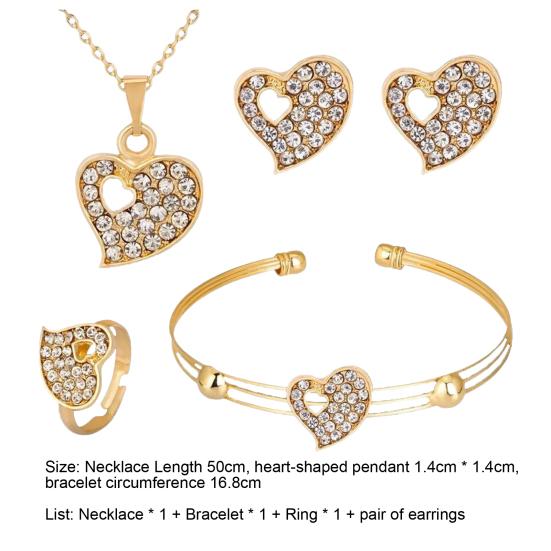 4 Pcs/Set Women Jewelry Heart Shape Rhinestone Inlay Golden Color Shiny Lady Bracelet Ring Set for Wedding