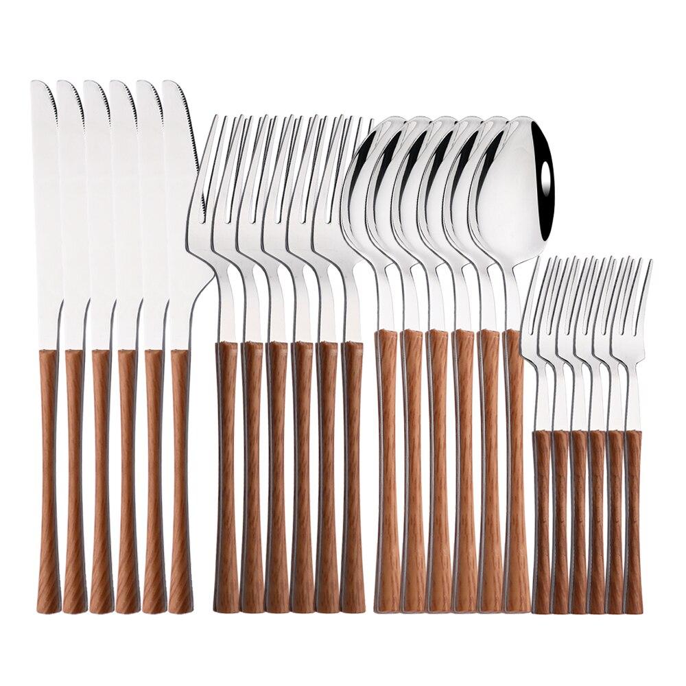 

24 шт. золото из нержавеющей стали с имитацией деревянной ручки, столовые приборы, набор столовых приборов, набор столовой посуды, западная посуда, нож, вилка, чайная ложка With Cake fork серебряный/коричневый