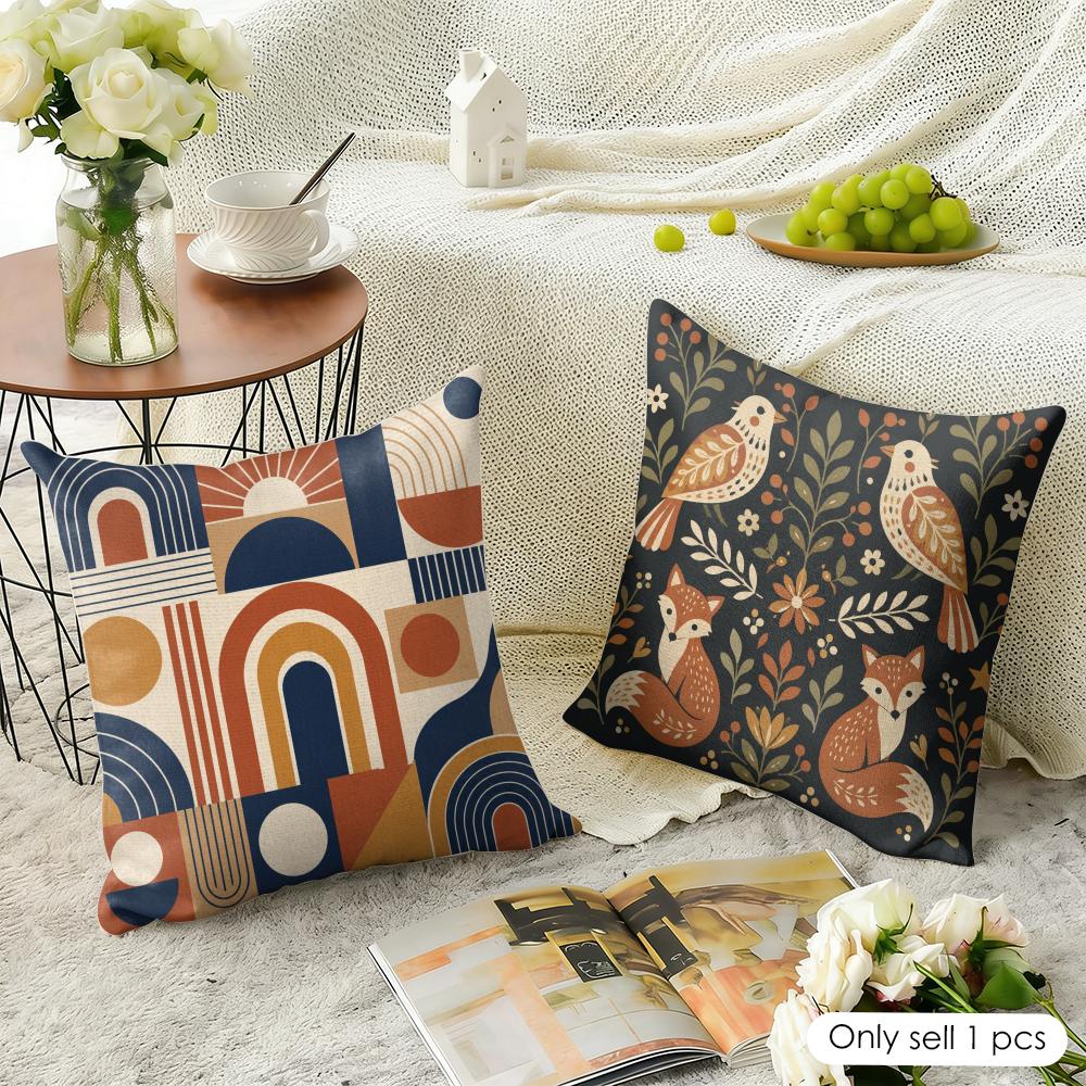Boho Folk Art Sun Mountain Cushion Cover Natural Linen Organic Fabric Double-Sided Printing Breathable Perfect For Home Decor