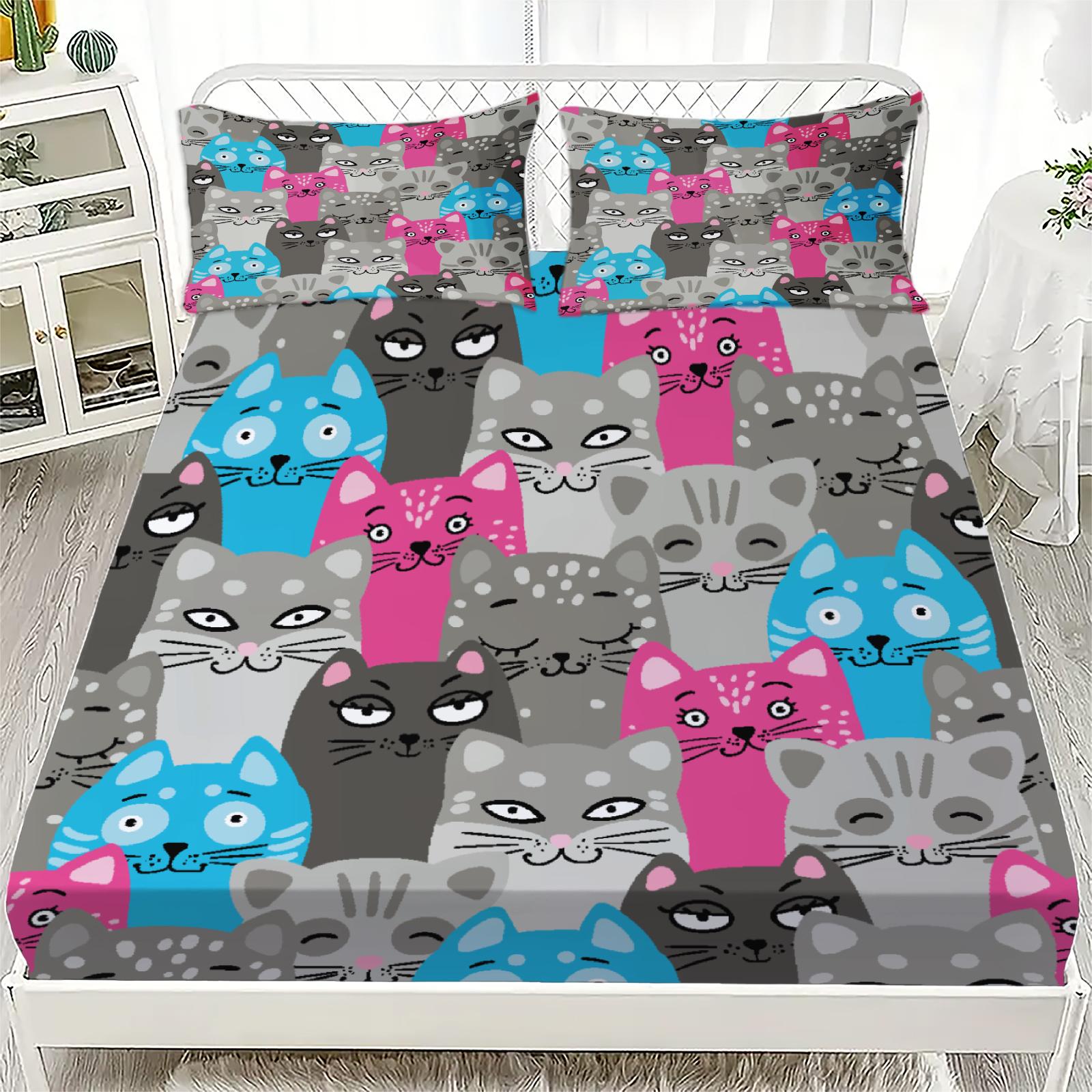 

3pcs Colorful Cats Fitted Sheet Cartoon Cat Pattern 3D Print Gifts For Students Girls 100% Polyester Flat Sheet With Pillowcases 99x190x25cm