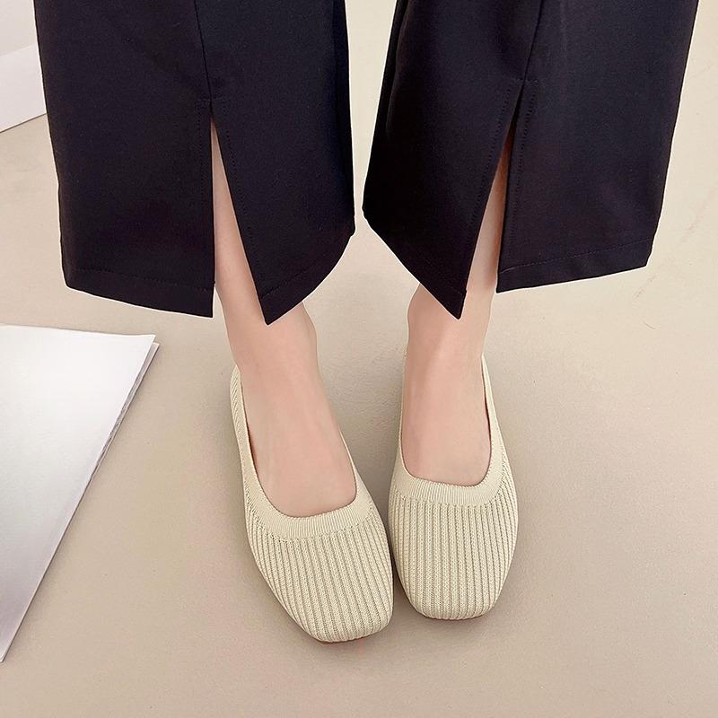 Fashion Knit Flats Autumn New Square Toe Shallow Mesh Breathable Soft Sole Non-Slip Sneakers