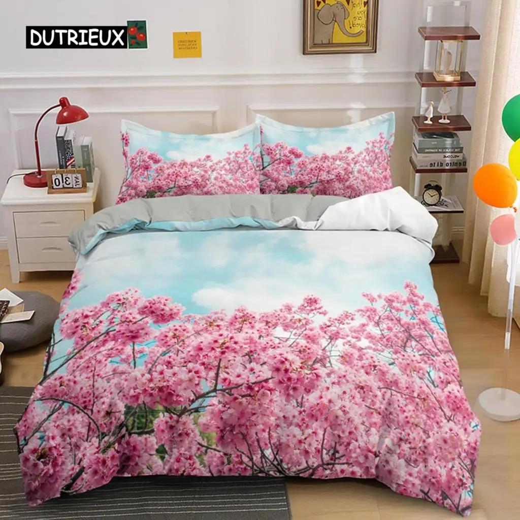 Erik Çiçeği Nevresim Takımı King Pembe Çiçekli Kız Çocuklar İçin Mikrofiber Dallı Baskılı Yatak Örtüsü Takımı