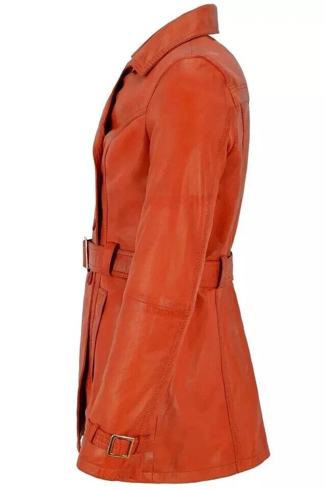 Handmade Lambskin Genuine Leather Casual Women Trench Coat Stylish Orange