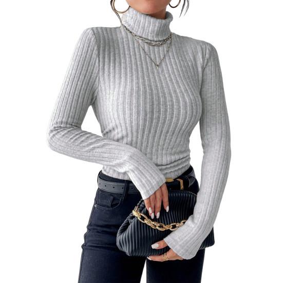 Women Knitting Tops Turtleneck Long Sleeve Solid Color Sweater Slim Fit Ribbed Bottom Tops Winter Knitwear
