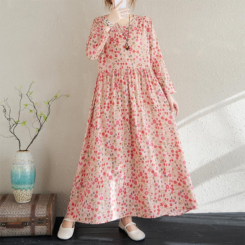 Early Spring Floral Vacation Style Travel Round Neck Retro Long Dress for Women Long Sleeved Vintage Dresses
