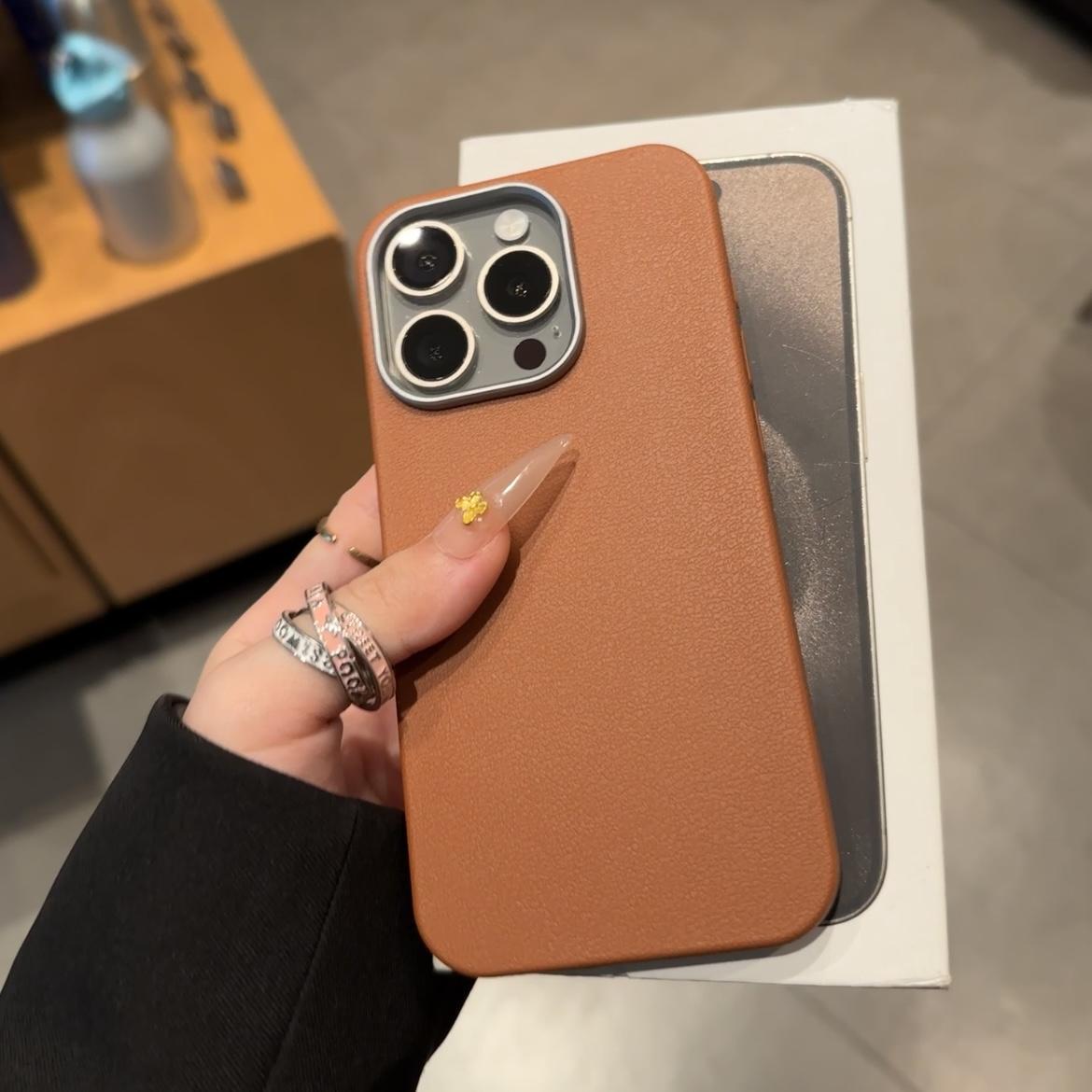 

Advanced Solid Color Leather Pattern Electroplating Frame Mobile Phone Case Suitable for Iphone16promax Simple Apple 15 Protective Case 14 Apple 16PLUS