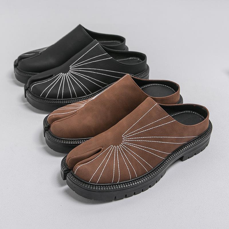 Men's Retro Split-Toe Leather Loafers & Mules - Large Size Slip-On Half Slippers