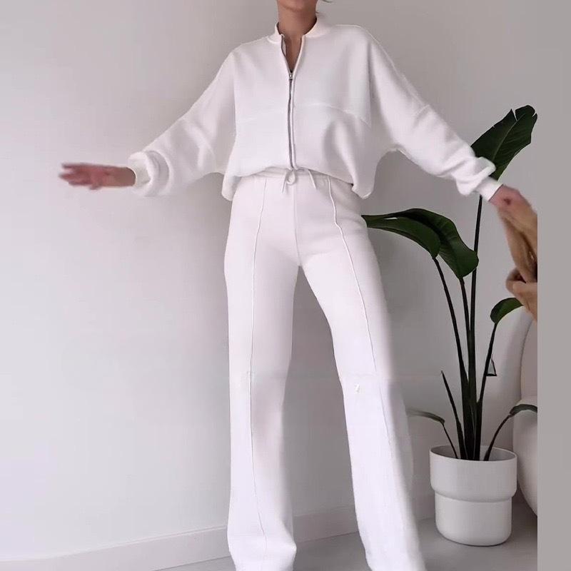 Jachetă de hanorac simplă la modă de primăvară cu gât rotund și pantaloni casual cu picioare drepte