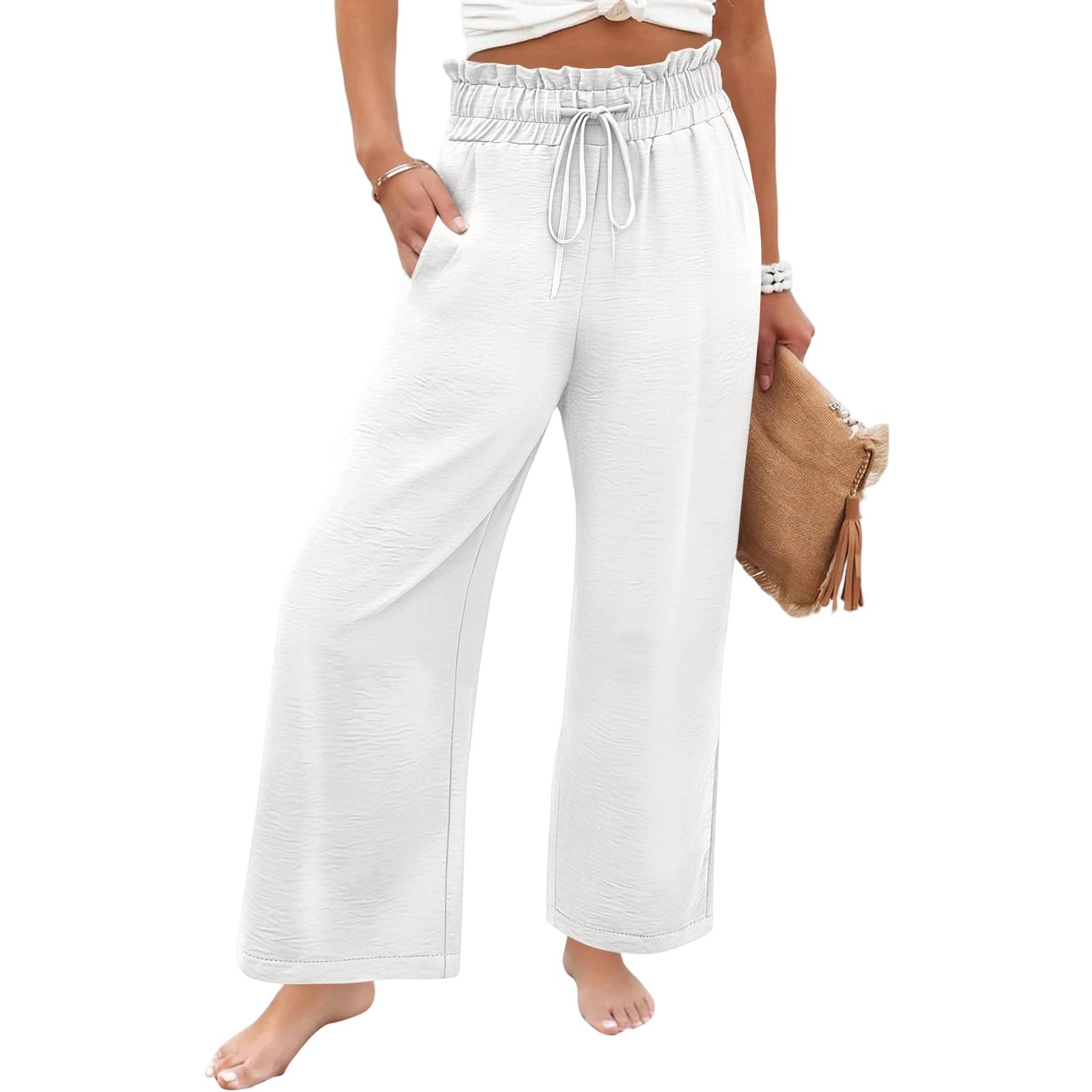 Women s Loose Drawstring Pants Straight Leg Wide Leg Casual Pants XL белый
