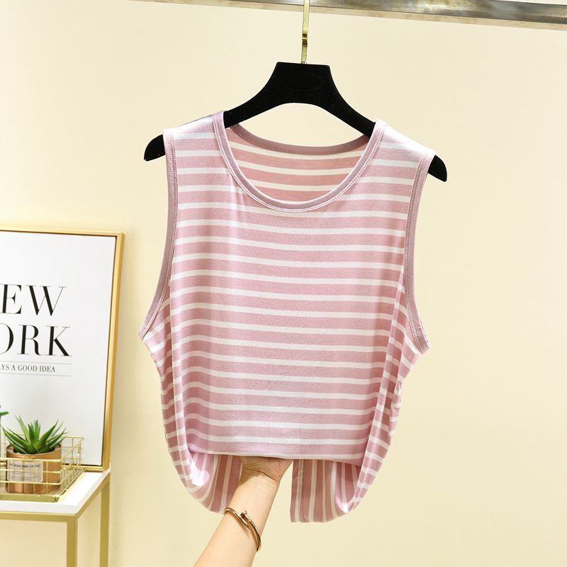 

Модальная майка с круглым вырезом, женская летняя повседневная без рукавов, в полоску, базовая, большого размера, свободного кроя, прилегающая, универсальный топ Pink L (Recommendation 50.00 kg-60.00 kg