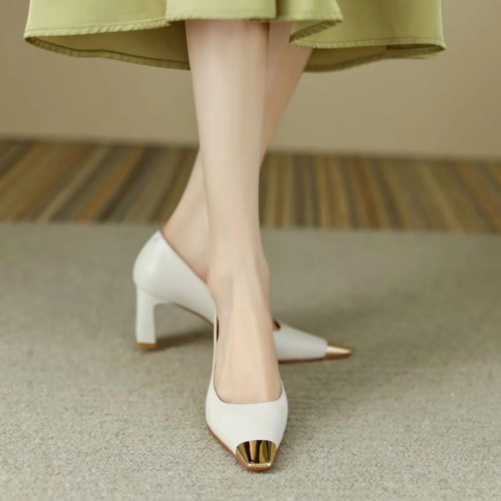 Chunky Heels on Heeled Apricot Metal Decoration Block Heel Square Toe Office Woman Footwear High Formal Shoes for Women Pumps L