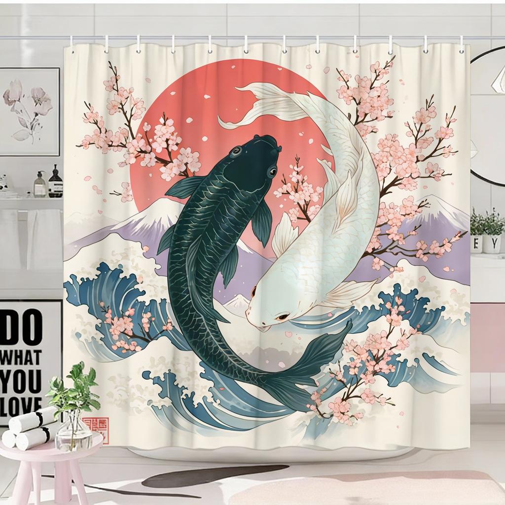 1pc Japanese Ukiyoe Koi Shower Curtain, Cherry Blossom, Red Sun, Snow Mountain Pattern, Easy to Hang, Fashionable Bathroom Decor