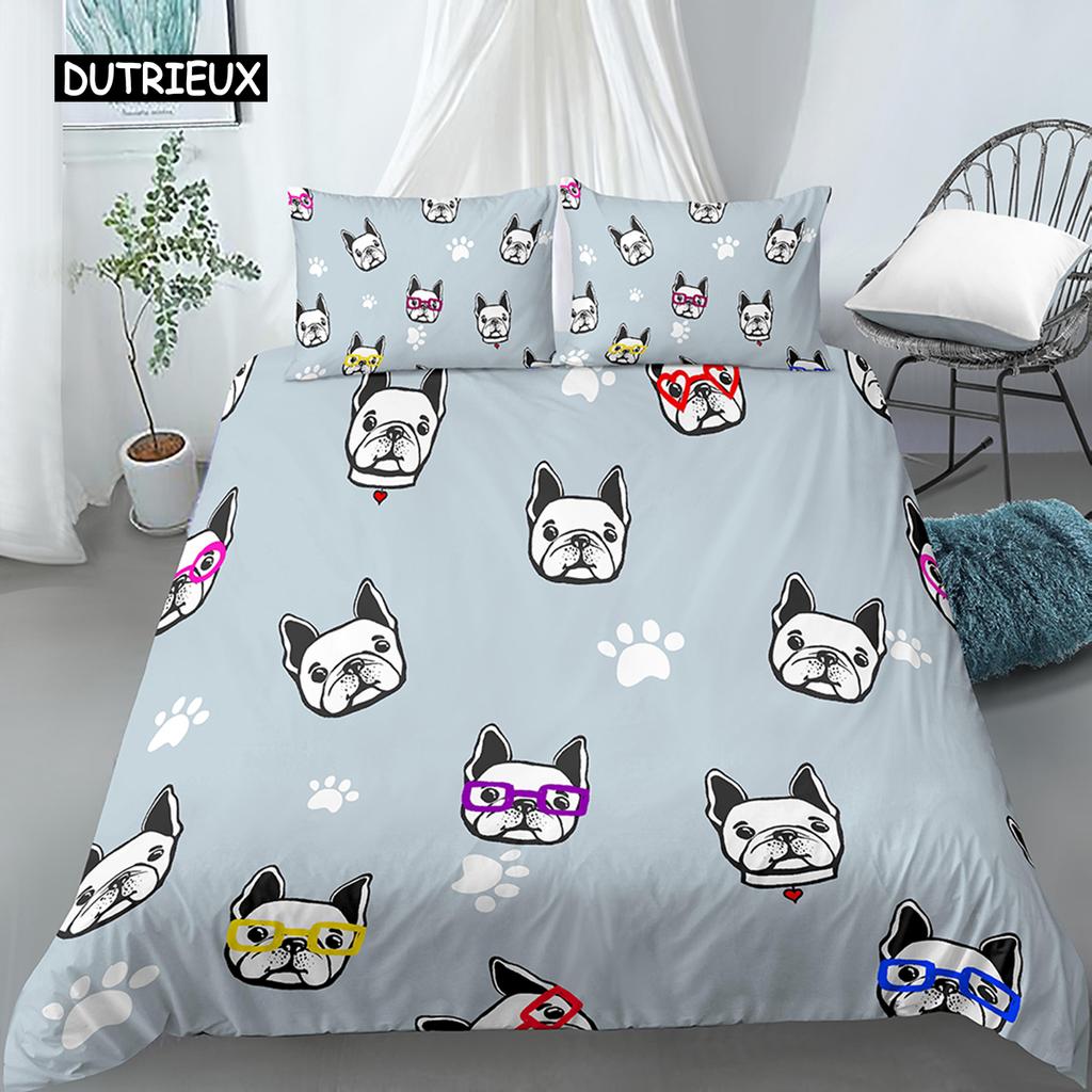 Ensemble Housse de Couette Chien Dessin Animé Imprimé Carlin Drôle Ensemble de Literie King Size pour Enfants Garçons Filles Thème Animal 2/3 pièces Housse de Couette Twin