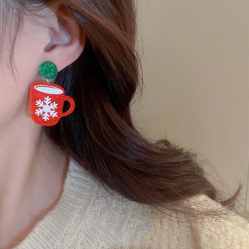 Silver Needle Christmas Snowflake & Santa Geometric Earrings - Fashionable Creative Design Jewelry