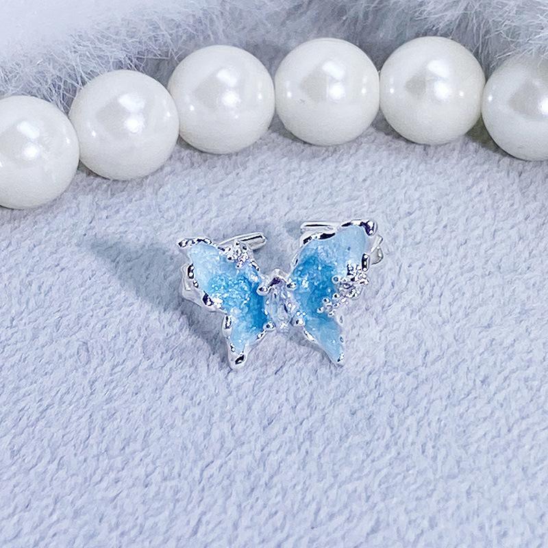 Blue Enamel Oil Drop Flower Bow Star Opening Ring Women'S Niche High-End Light Luxury Ring