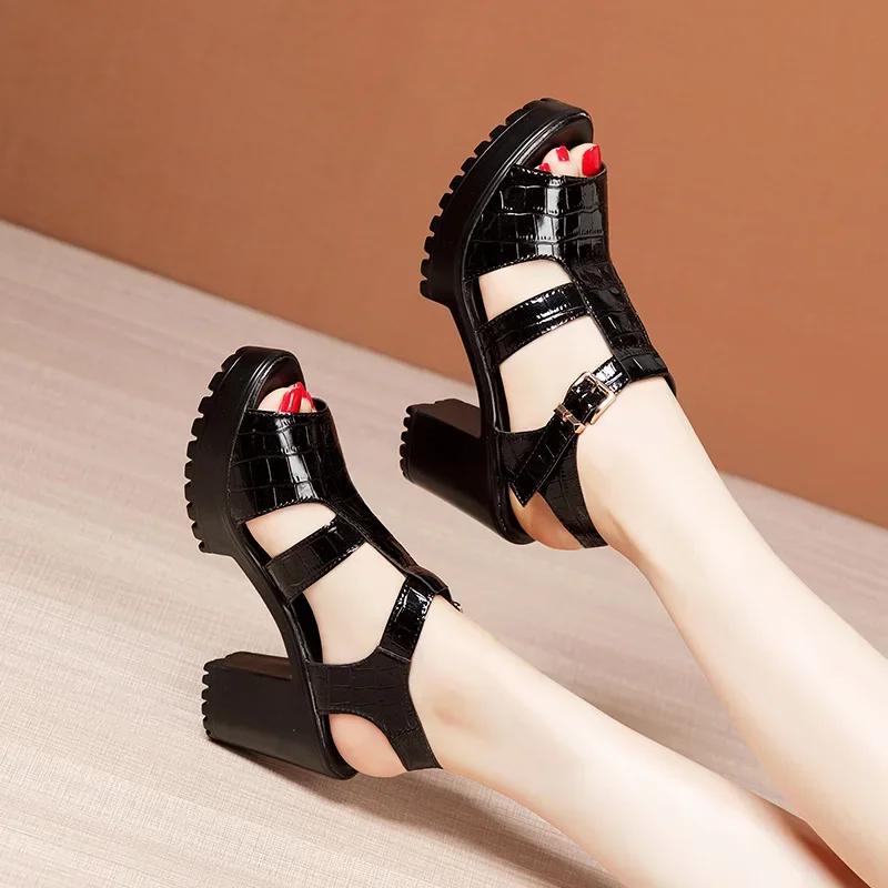 Beach Platform Sandals Patent Leather Shoes 2024 Summer Elegant Block High Heels Sandals Women for Office Mom