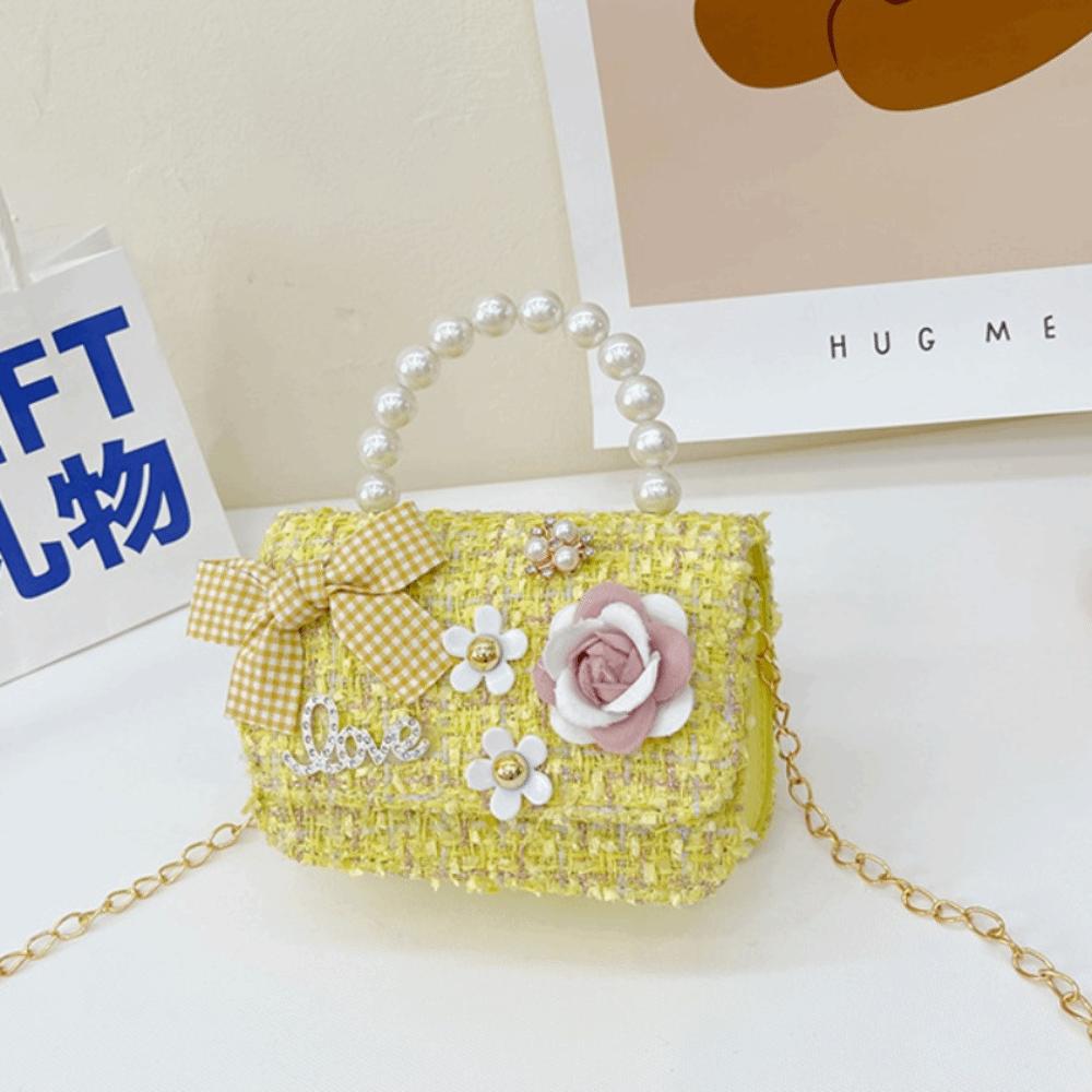 Fashion Synthetic Leather Princess Bag Pearl Decorated Handheld Pearl Handbag Children's Fashion Bag Girl