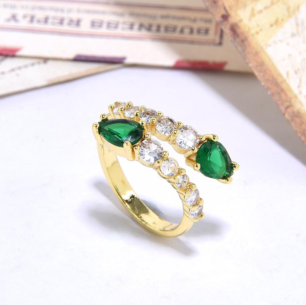 

Регулируемое медное кольцо с цирконом в виде змеиной головы и двойным слоем в форме капли для женщин зелёный/золотой