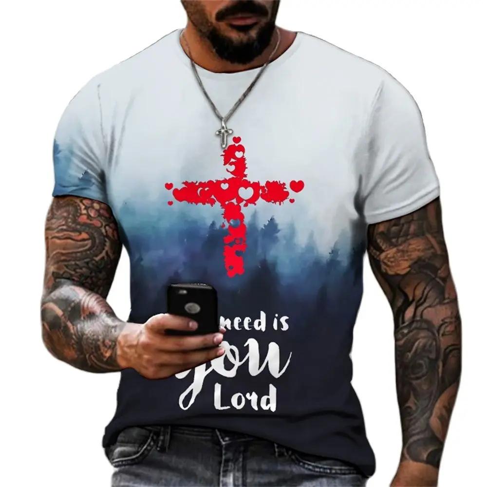 Christian Mens Clothing T Shirts Oversized Vintage T Shirt Gothic Jesus Christ Cross 3D Print O-neck Tops Hip Hop Short Sleeve