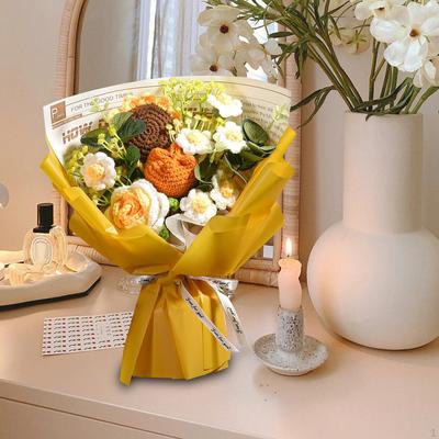 Completed Crochet Flowers Bouquet Artificial Knitted Sunflower Rose Daisy Birthday