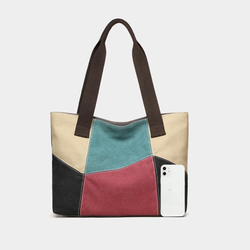 Yogodlns New Spliced Canvas Women's Shoulder Bag Large-capacity Portable Messenger Bag Casual Ethnic Style Contrasting Color Bag