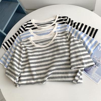 2025 Summer Women's Striped Cotton-Linen Short-Sleeve Round Neck Top, Korean Style