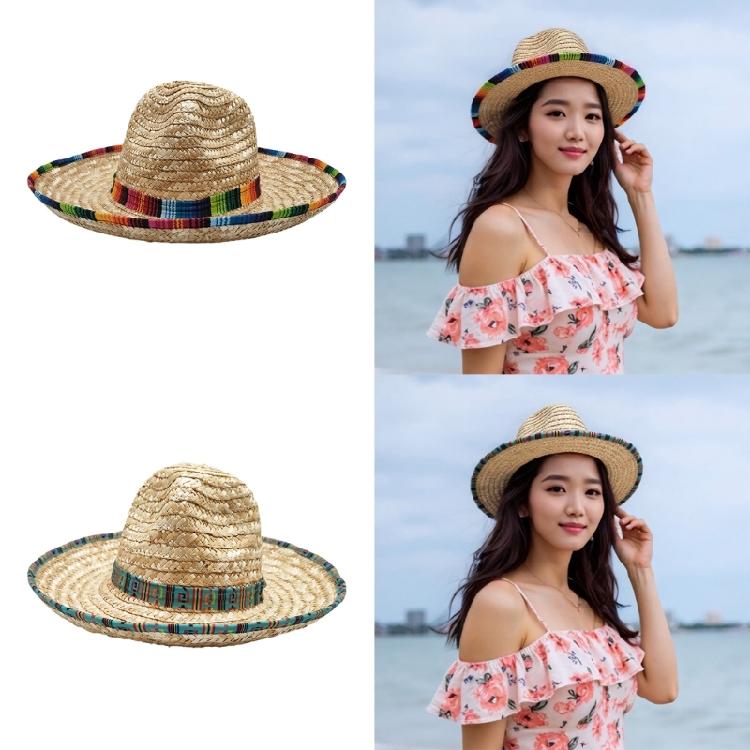 Natural Woven Straw Sombrero Hat Festival Design  Breathable Mexico Sun Hat For Beach Party Family Gathering Activity