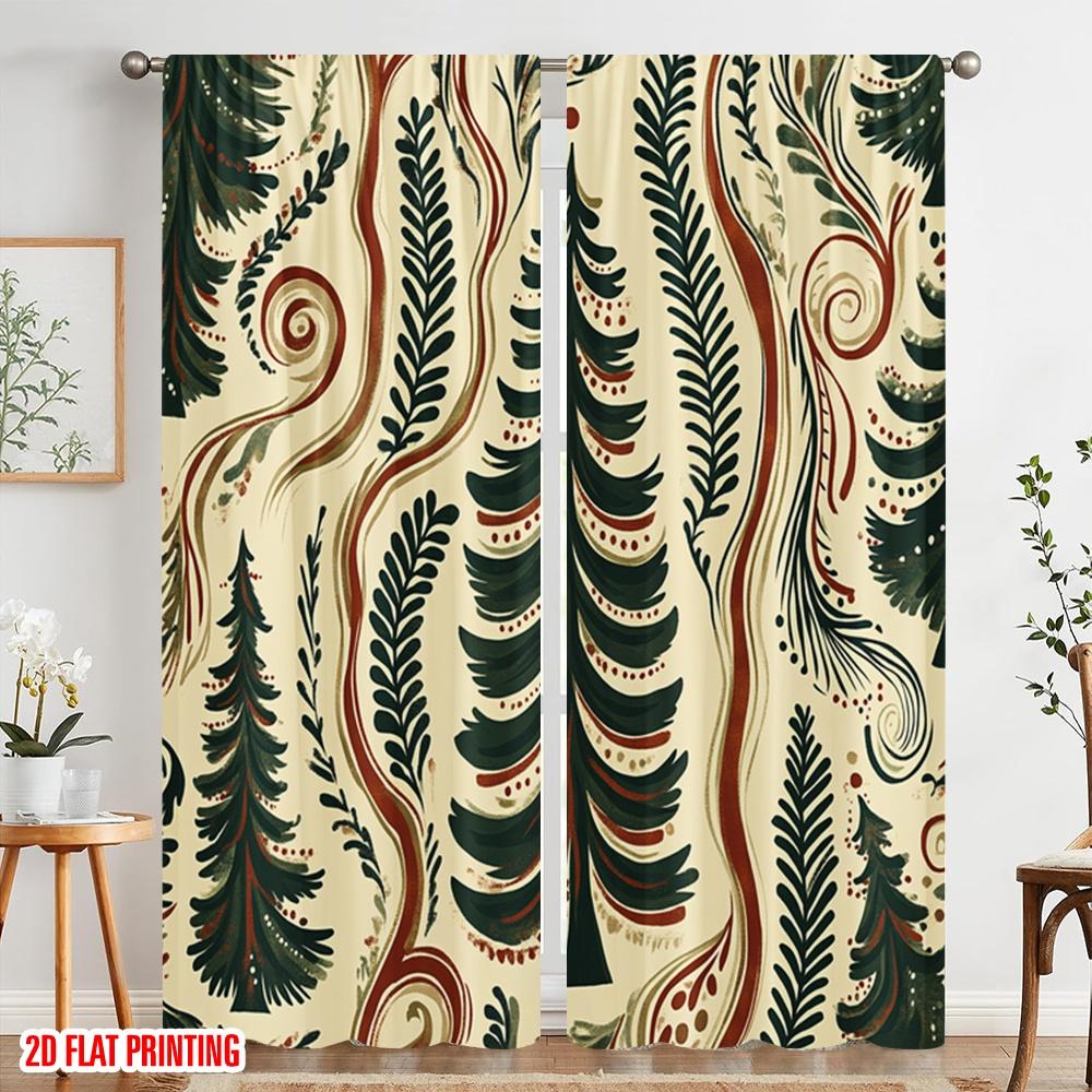 2pcs,2D Plane Printing Minimalist Curtains Folk Trees Nature (3) Durable 100% Polyester Fabric (without Rod) Decorations Inside