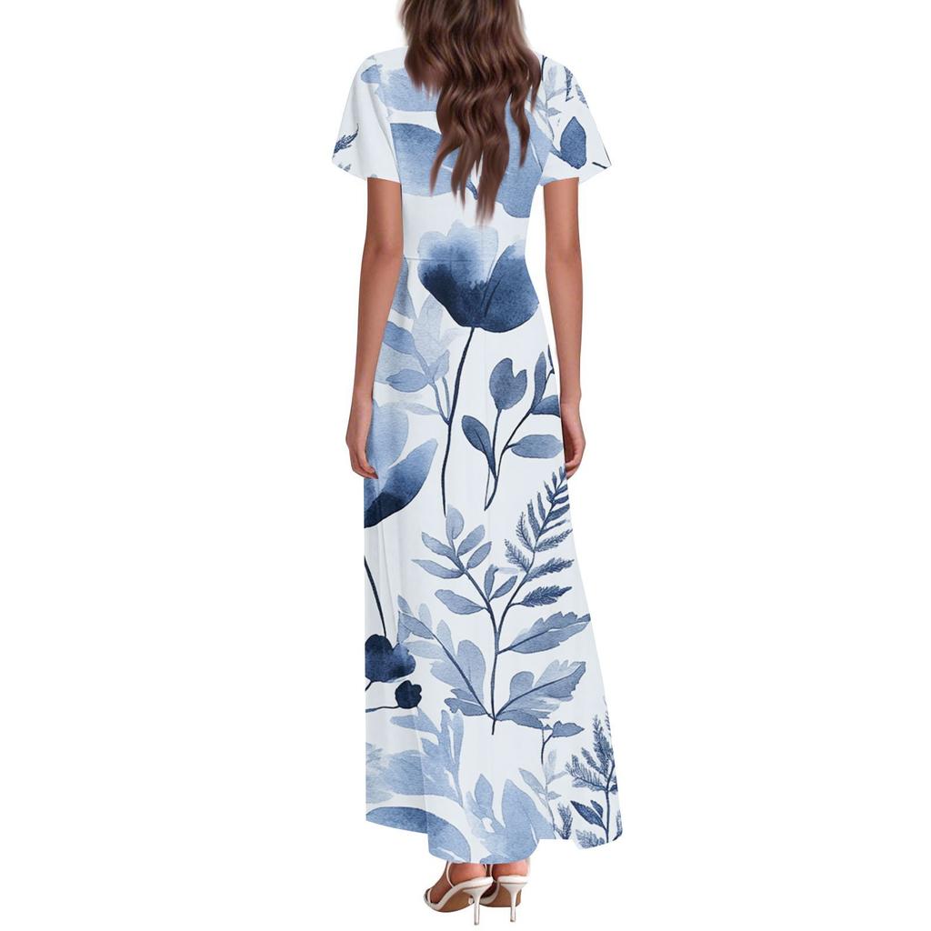 Women's Summer Casual Fashion Floral Print Dress V Neck Short Sleeve Dress