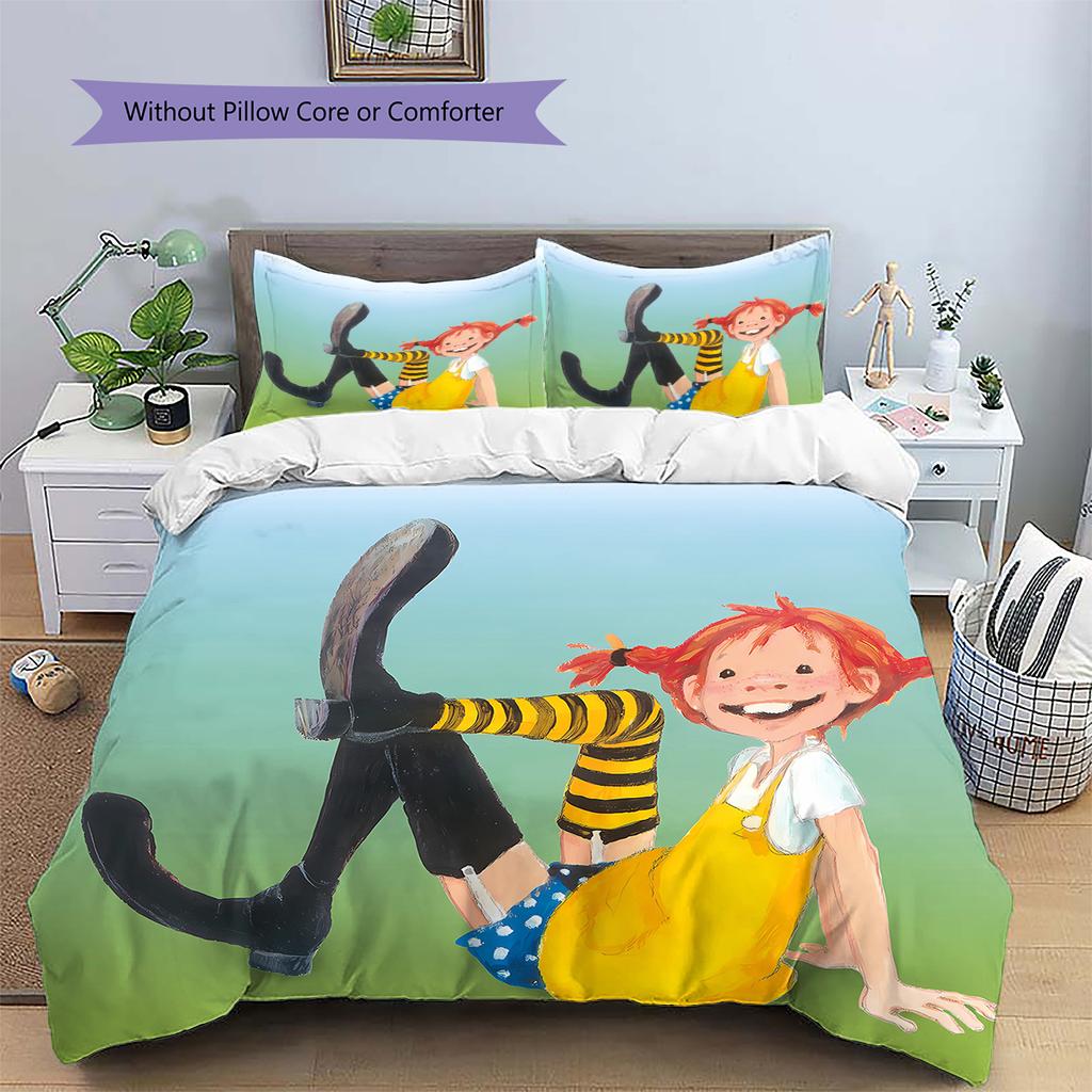 Pippi Longstocking Pattern Bedding,Quilt Set Quilt Cover Pillowcase Home Birthday Gift (1 * Duvet Cover + 2 * Pillowcase, Without Core)