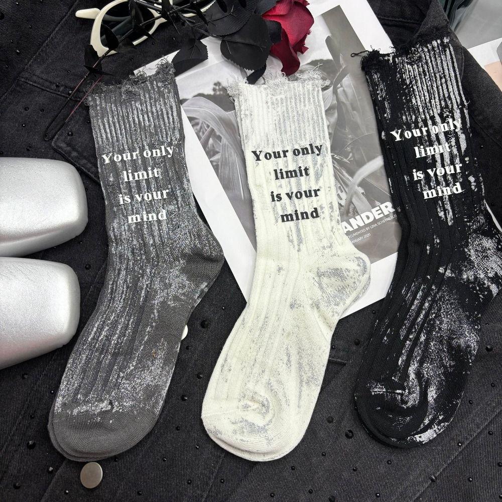 Stripe Mid Tube Socks Unique Letter Personality Mid-Calf Socks Soft Ripped Hollow Socks  For Women