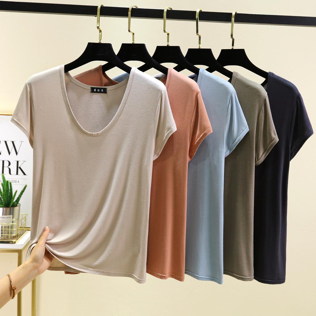 Plus Size M To 6XL U-Neck Women's Tshirt Short Sleeves Modal T-shirts Thin Bottomed Tees Solid Color Loose Tee Tops All Match