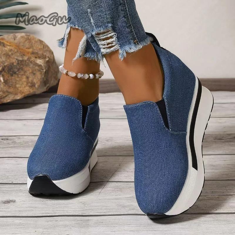 Fashion Women's Height Increasing Wedges Shoes Lightweight Slip On Platform Sneakers Women Thick Sole Denim Walking Rocker Shoes Woman