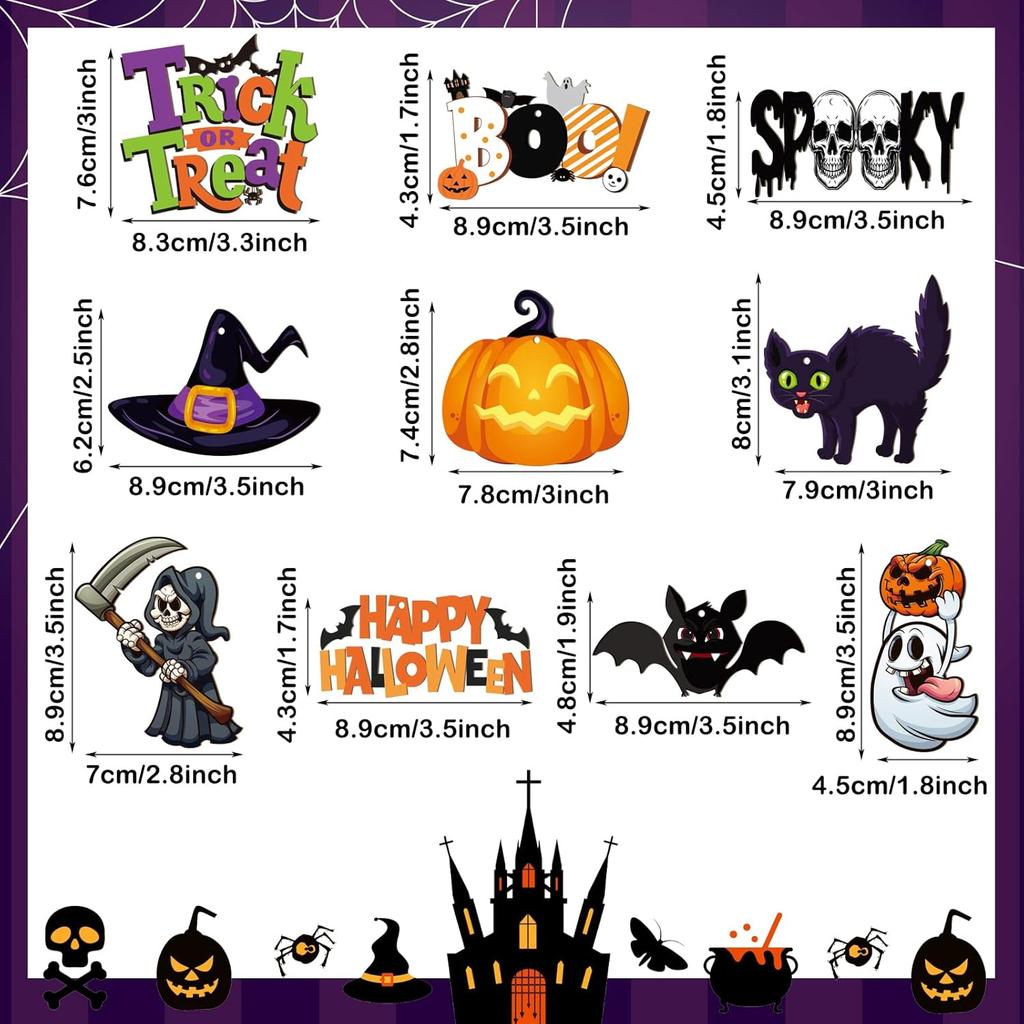 Gerrii 40 Pieces Halloween Ornaments Wooden Halloween Tree Decorations Pumpkin Ghost Witch Hat Skeleton Mini Hanging Ornaments with Rope for DIY