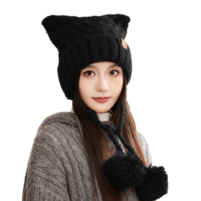 Sweet and Cute Cat Ear Knitted Head Hat Autumn and Winter Fashion Versatile Warm Wool Hat Outdoor Cold Proof Hat Women