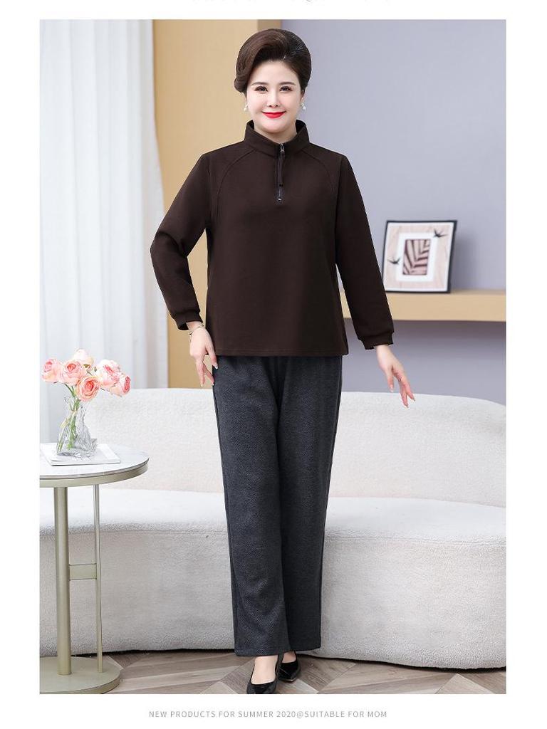 Women's Plus Size Velvet Long-Sleeve T-Shirt and Warm Base Layer Set for Middle-Aged and Elderly