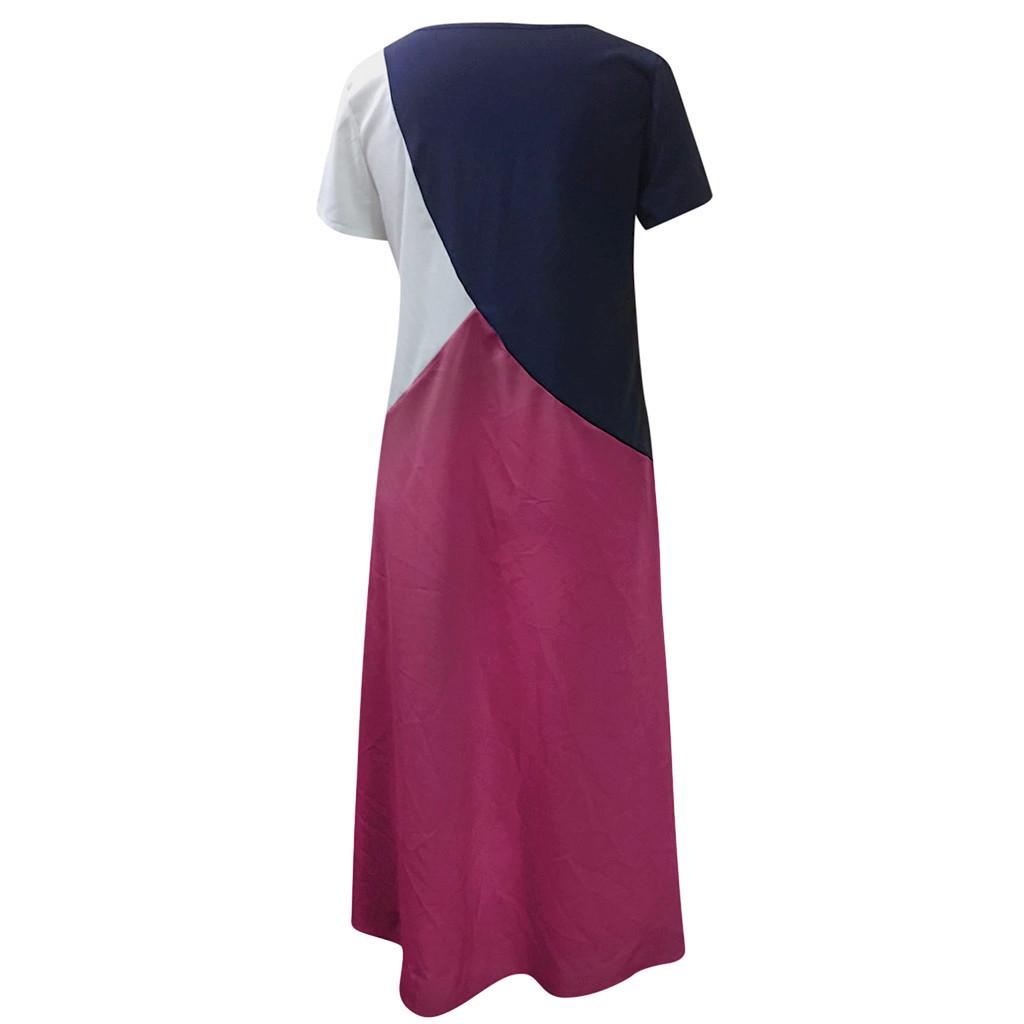 Women Summer Casual Splicing Dress Short Sleeve Round Neck Loose Long Dress