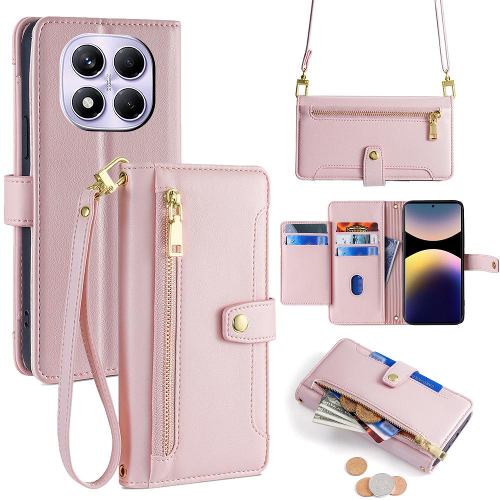 For Xiaomi Redmi Note 14 Pro 4G Case Zipper Pocket Wallet Leather Phone Cover with 2 Straps