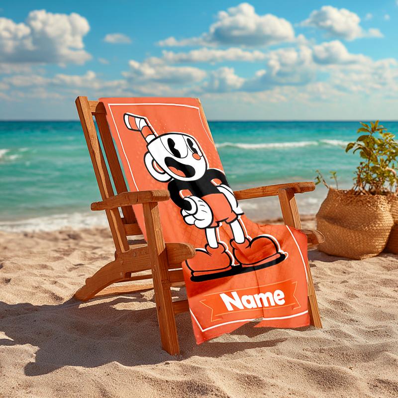 Personalized customized proof beach towel with Cuphead pattern - soft, absorbent, quick-drying, perfect swimming, camping&bathing