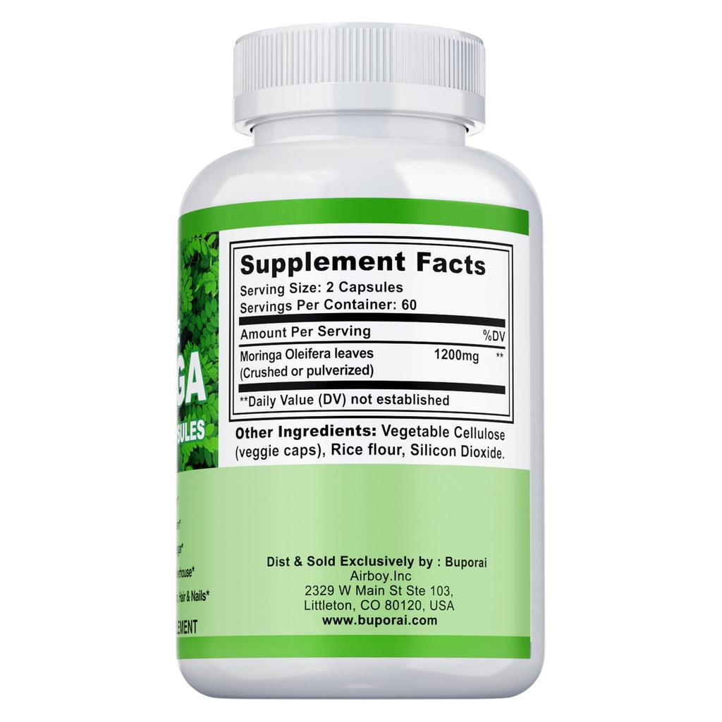 Moringa Capsules, Pure Oleifera Leaf Powder Pills, 1200mg Per Serving, Immune System, Metabolism,  Non GMO