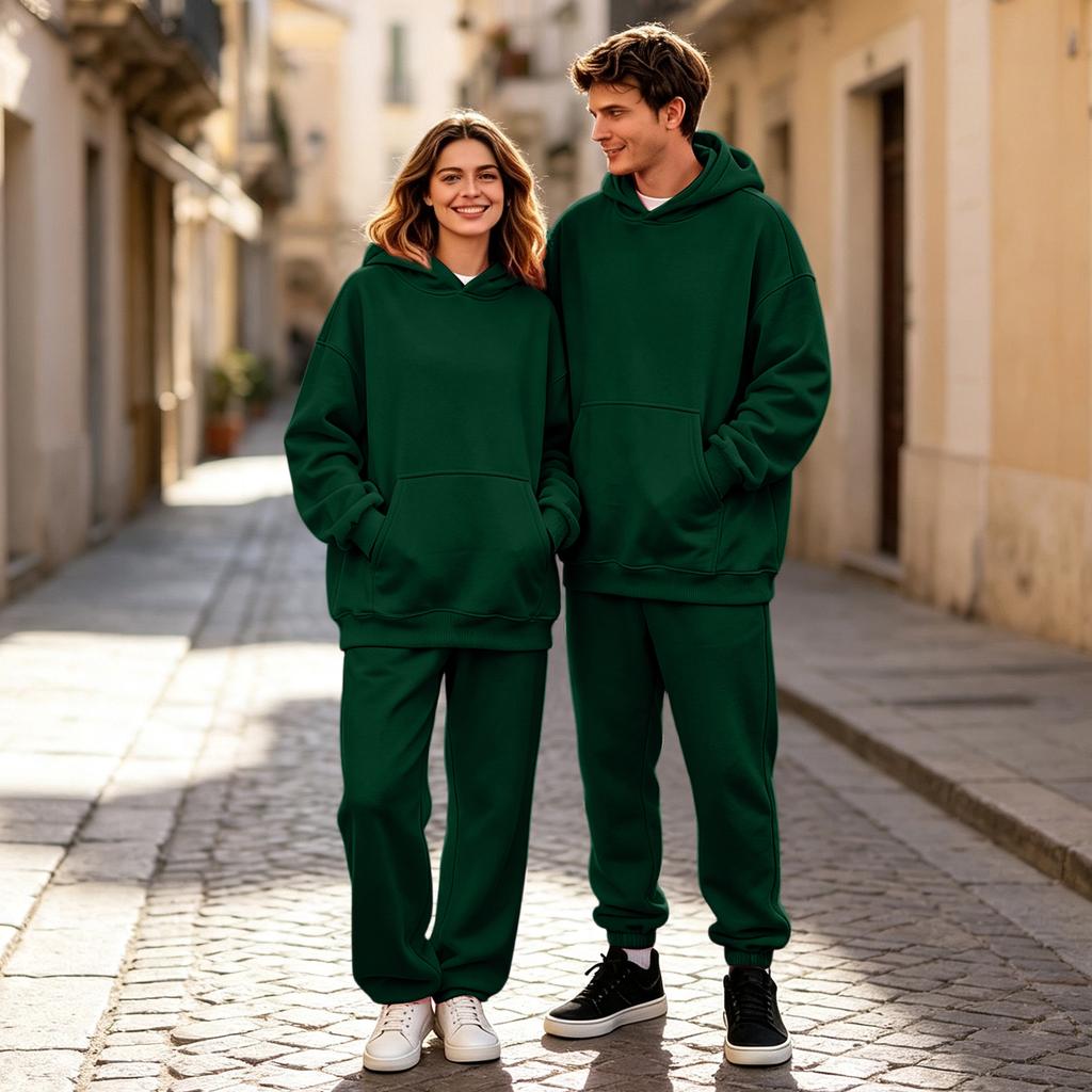 Unisex -Lined Hooded Sweatshirt Set with Print, Casual Streetwear for Men and Women