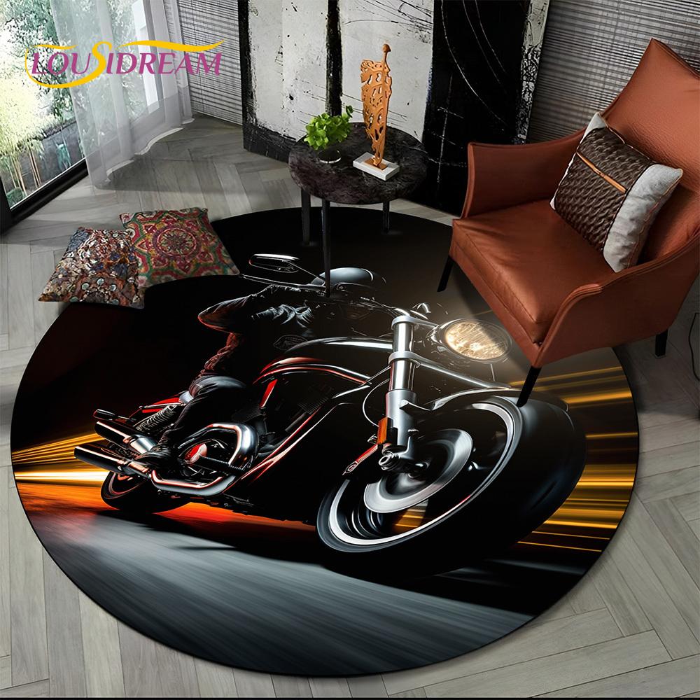 3D Retro Vintage Motorcycle Cartoon Round Area Carpet Rug for Living Room Bedroom Kid Playroom Decor,Pet Area Rug Non-slip Gift