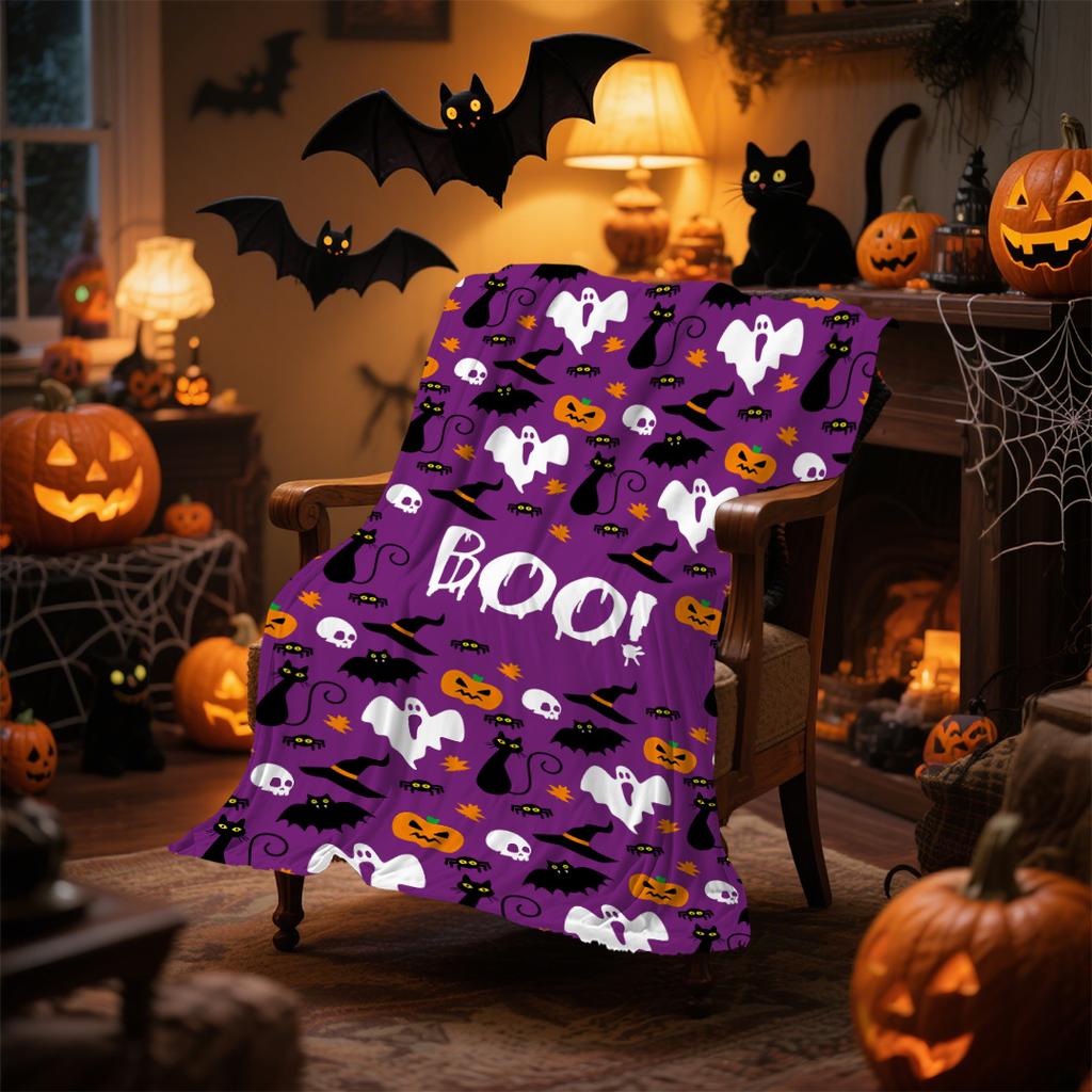 1pc Pink Purple Halloween Blanket Ghost Print for Sofa Chair Skin-Friendly Soft Blanket 2025 New for Home Halloween Decoration