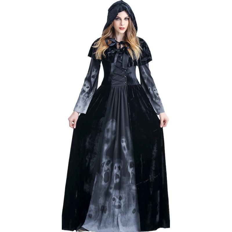 

Halloween Cosplay Dress For Women With Skeleton Print Polyester Fantasy Evil Witch Vampire Dead Soul Costume For Role Play M