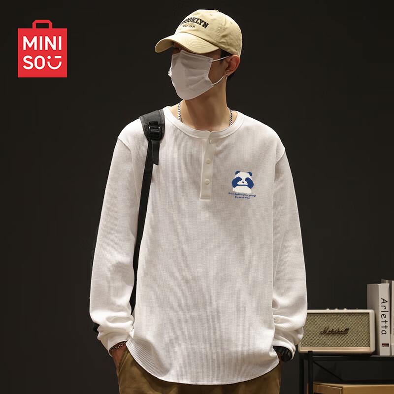 MINISO Men s Waffle Knit Henley Panda Print Long Sleeve T-Shirt XL