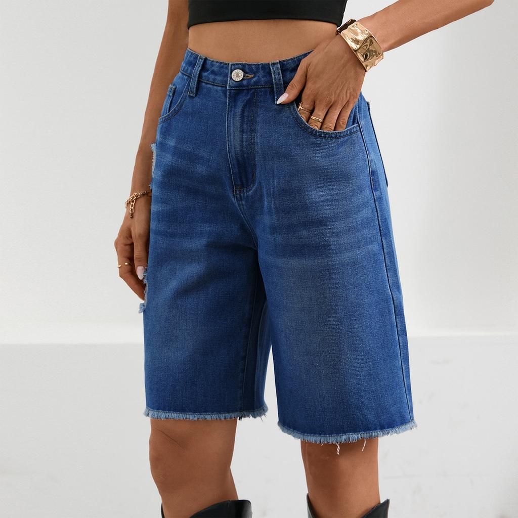 Women's Casual Color Denim Ripped Five-point Pants Fringe Jeans