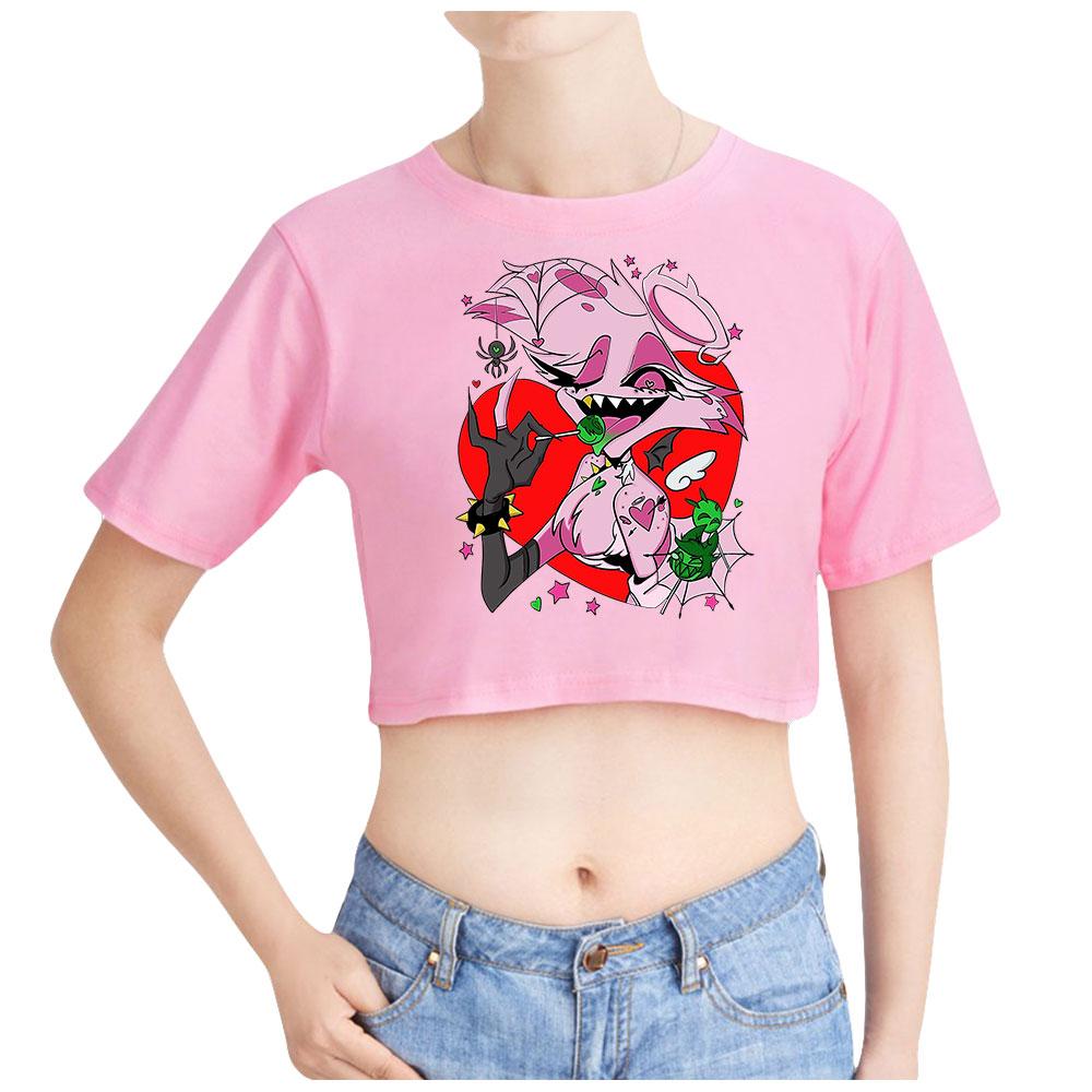 Summer Women Short T-Shirts Sexy Crop Tops Short Sleeve Hazbin Hotel Tops Female Shirts XS розовый