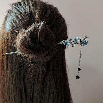 Klassischer Haarstab Essstäbchen Tintenfarbe Blume Metallfransen Haarnadel für Damen Perlschwarz Perlen Cheongsam Haarknoten Schmuck Geschenke