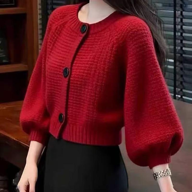 Women's Red Lantern Sleeve Cardigan: New Year Autumn/Winter Loose Knit Sweater Top