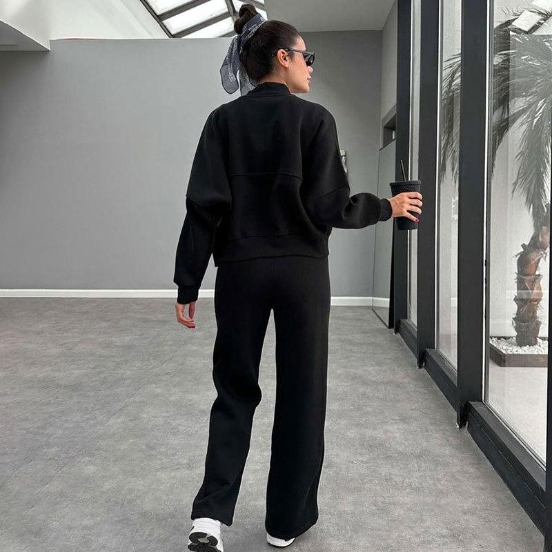 Autumn/Winter Women's Fleece-Lined Zipper Cardigan & Solid Color Straight-Leg Pants Set